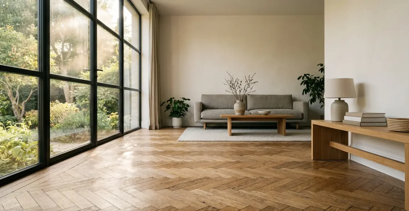 Parquet in legno pregiato con riflessi dorati attraversato da raggi di luce filtrati che creano un gioco di ombre morbide