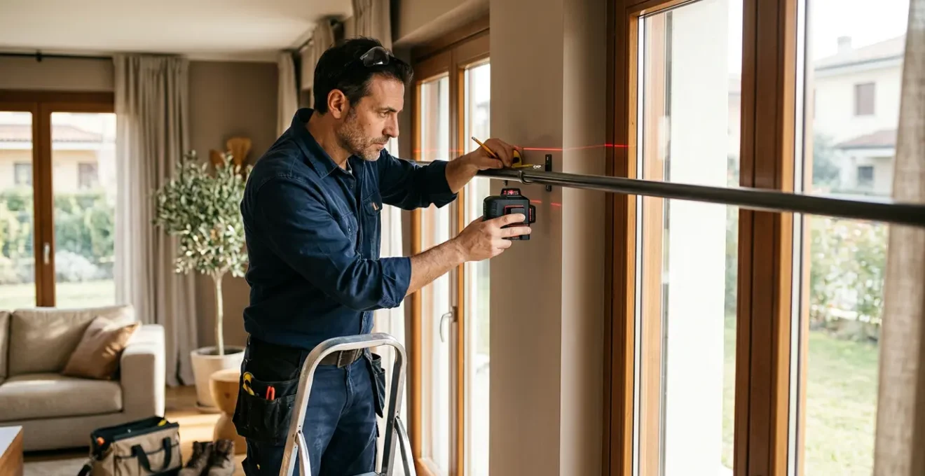 Installatore professionale che verifica con livella laser la perfetta posa di un binario per tende in un elegante interno domestico