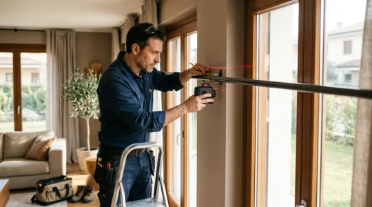 Installatore professionale che verifica con livella laser la perfetta posa di un binario per tende in un elegante interno domestico