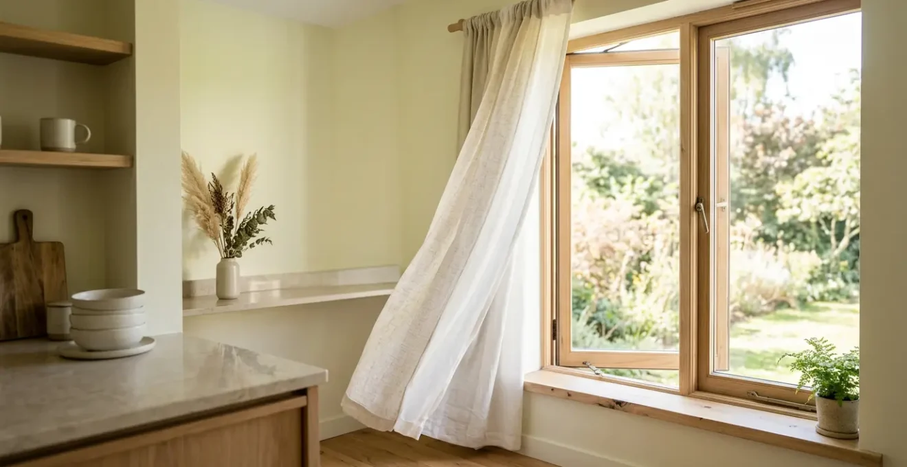 Interno luminoso con tende pulite e ventilazione naturale per prevenire la muffa