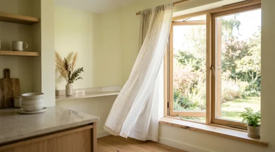 Interno luminoso con tende pulite e ventilazione naturale per prevenire la muffa