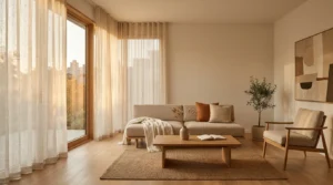 Ambiente domestico luminoso con tende filtranti che garantiscono privacy e luce naturale diffusa