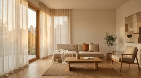 Ambiente domestico luminoso con tende filtranti che garantiscono privacy e luce naturale diffusa