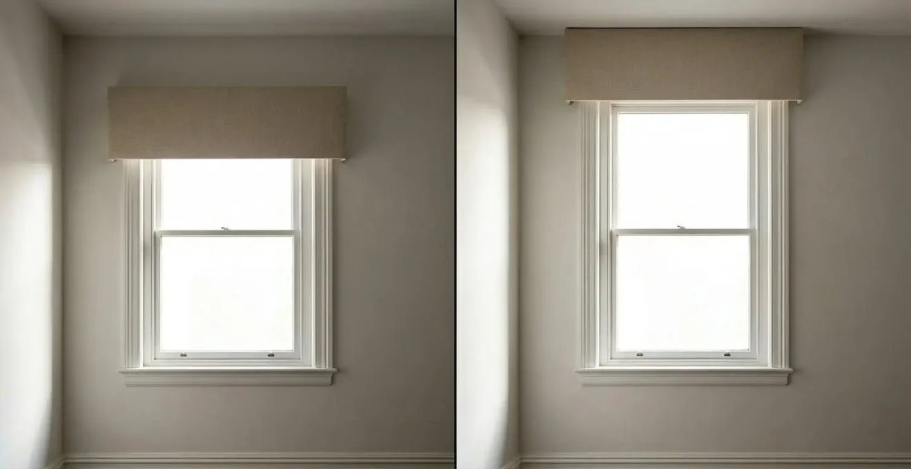 Vista laterale di una finestra con mantovana proporzionata che slancia visivamente lo spazio