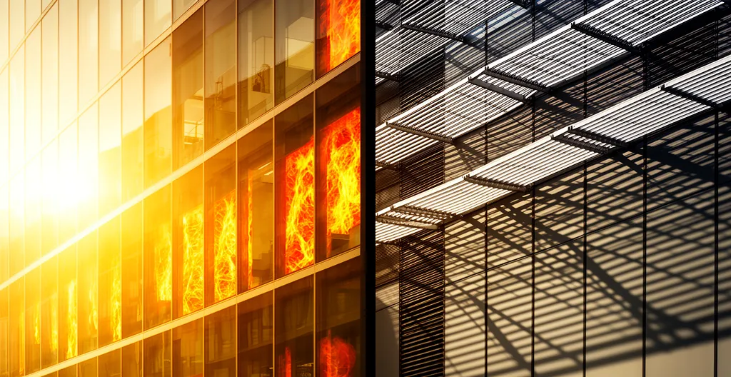 Vista esterna di edificio moderno con schermature solari tecniche e vetrate, mostrando l'integrazione architettonica e l'efficienza energetica