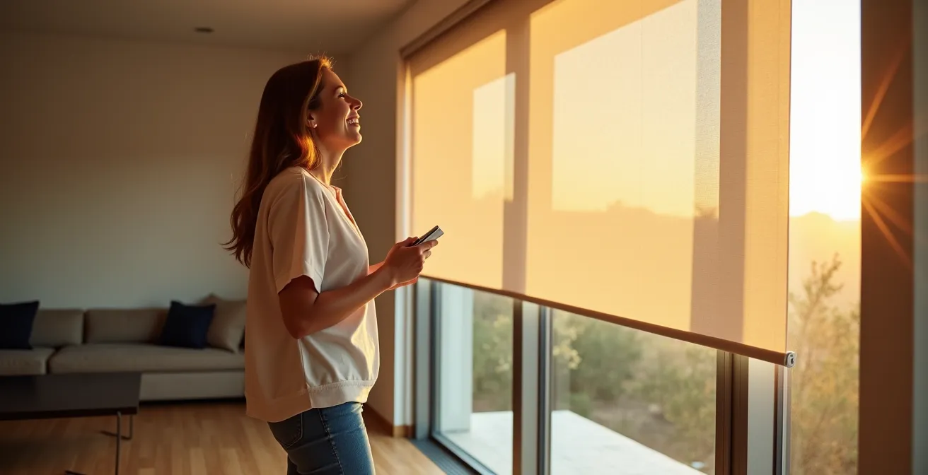 Sistema di tenda oscurante motorizzata installato su finestra alta in soggiorno moderno