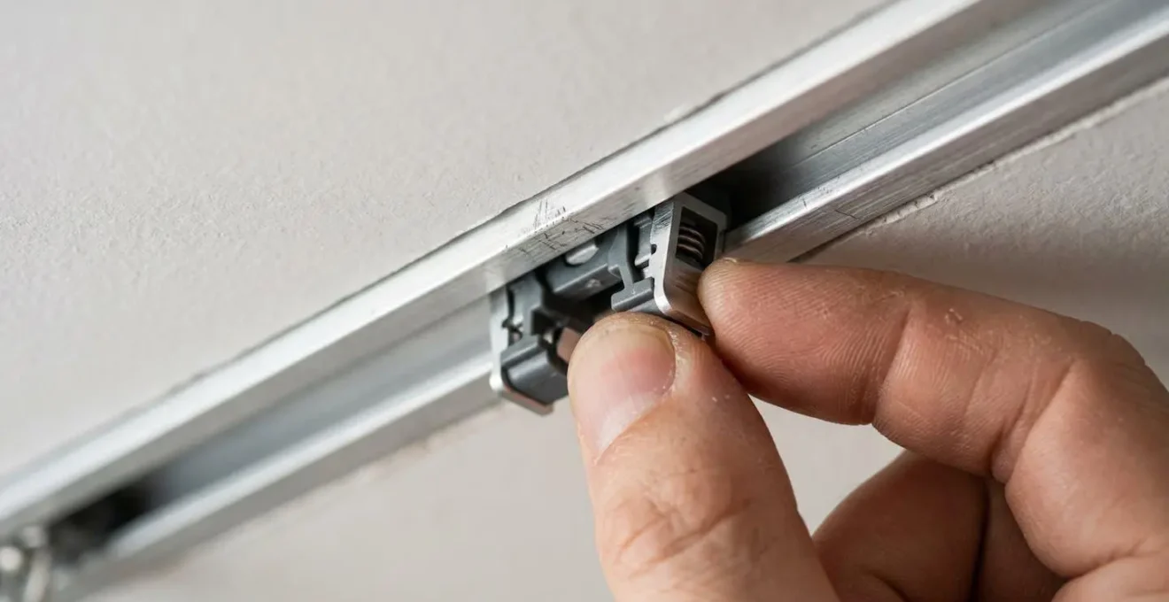 Dettaglio tecnico sistema di sgancio rapido per binari incassati nel cartongesso