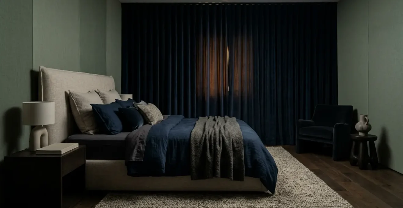 Camera da letto trasformata in sleep cave perfetta con tessuti oscuranti e atmosfera rilassante