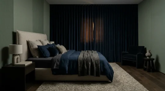 Camera da letto trasformata in sleep cave perfetta con tessuti oscuranti e atmosfera rilassante