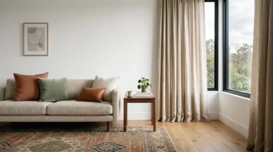 Soggiorno elegante con tende in lino grezzo, cuscini in velluto a coste e tappeto persiano in tonalità complementari