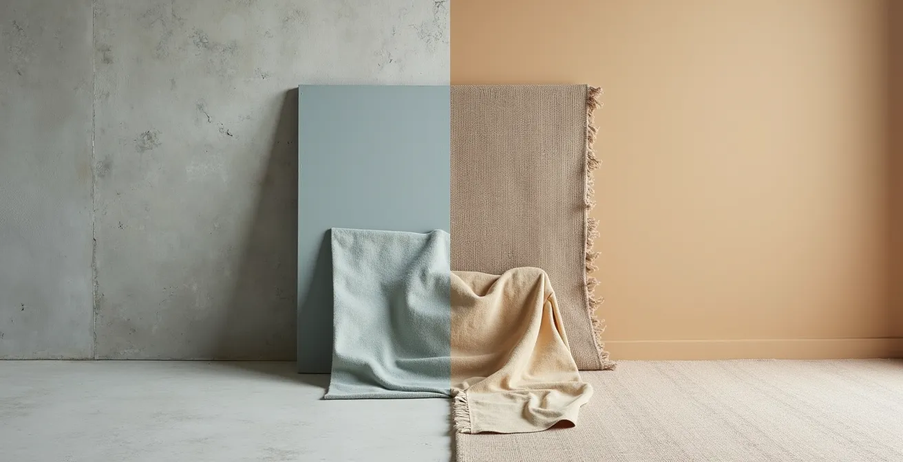 Confronto tra stanza minimalista senza tessuti e stanza accogliente con tessuti naturali, effetto sul relax visibile