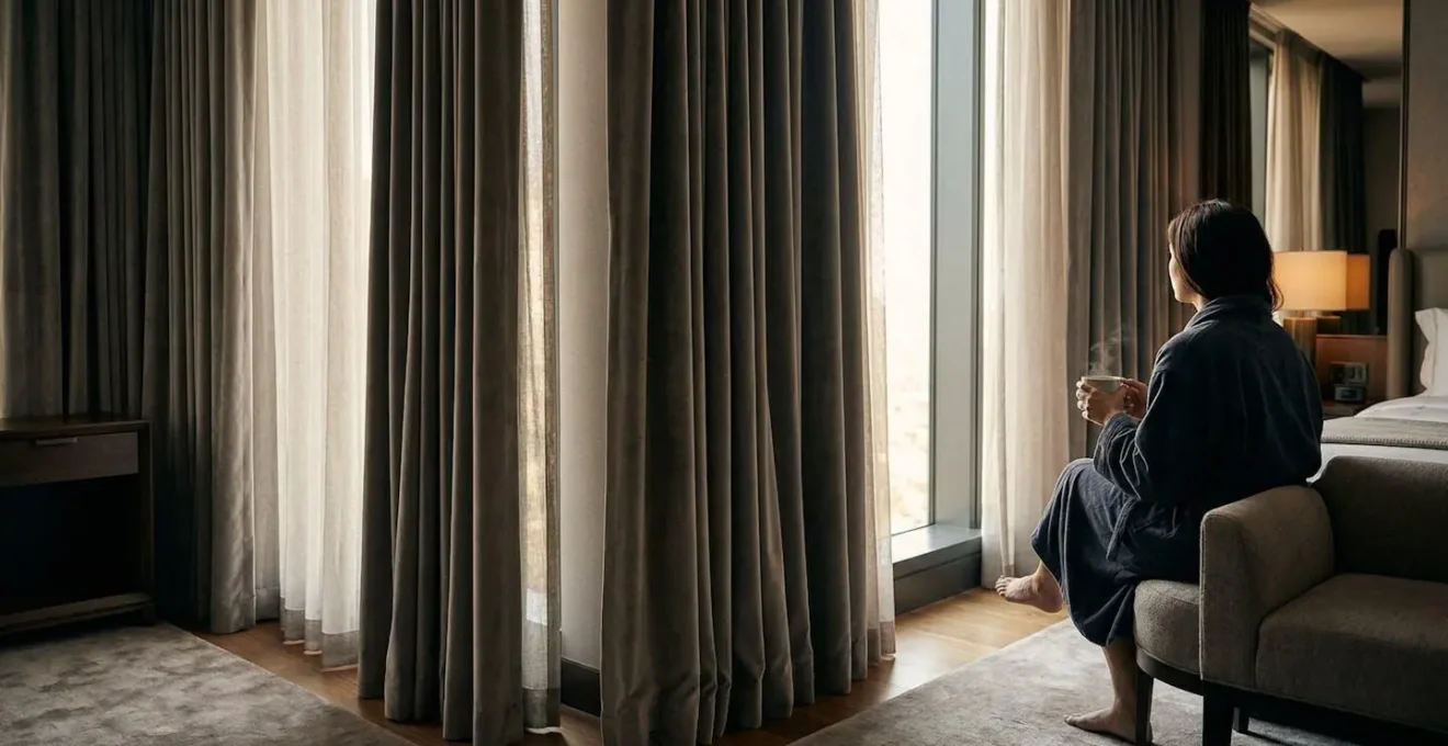 Camera da letto elegante con tende arricciate effetto suite d'hotel