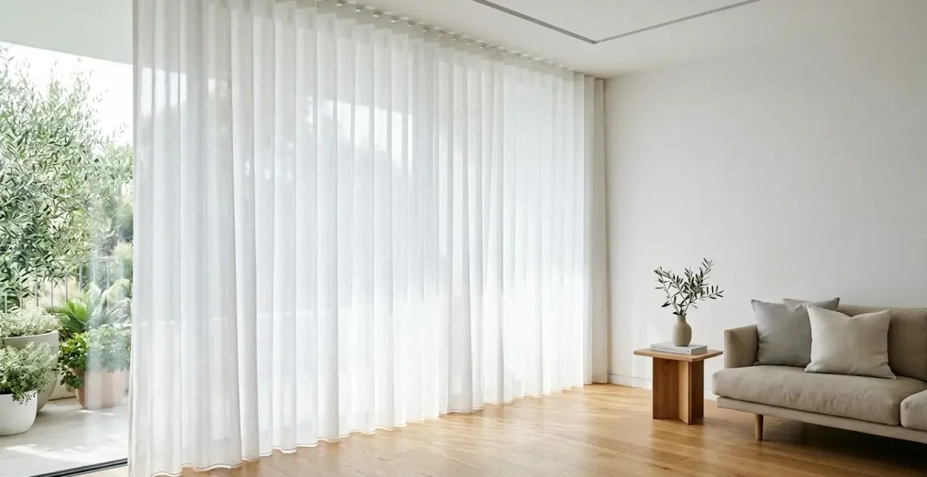 Tenda a onda perfetta in un soggiorno moderno con luce naturale filtrata