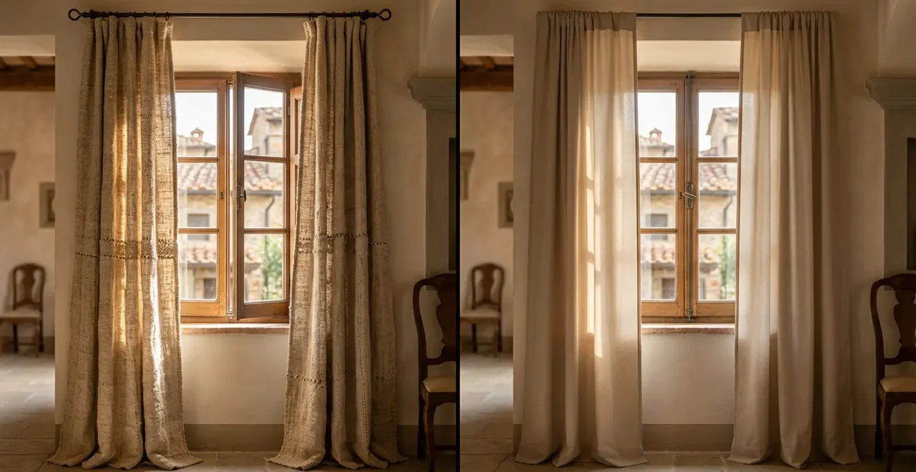 Confronto visivo tra una tenda artigianale e una industriale in un ambiente domestico elegante