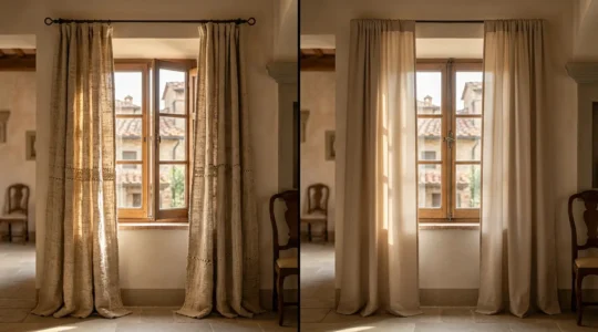 Confronto visivo tra una tenda artigianale e una industriale in un ambiente domestico elegante