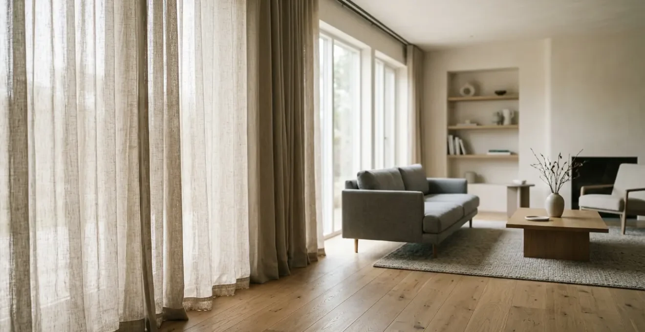 Tende moderne in lino color neutro che incorniciano finestre luminose in un soggiorno elegante