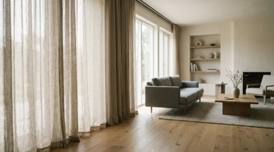 Tende moderne in lino color neutro che incorniciano finestre luminose in un soggiorno elegante
