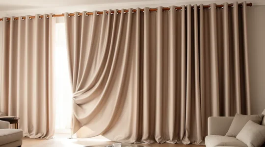 Tende con occhielli in metallo che scorrono fluidamente su bastone di legno in ambiente domestico luminoso