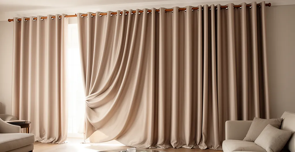 Tende con occhielli in metallo che scorrono fluidamente su bastone di legno in ambiente domestico luminoso