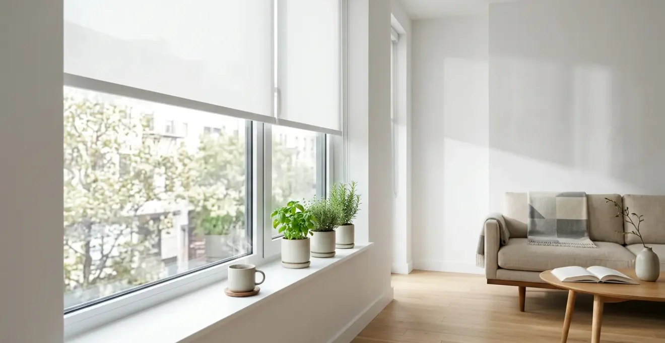 Interno di monolocale moderno con tende a rullo bianche, finestra luminosa e davanzale libero con piante aromatiche