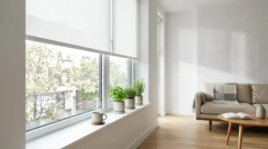 Interno di monolocale moderno con tende a rullo bianche, finestra luminosa e davanzale libero con piante aromatiche