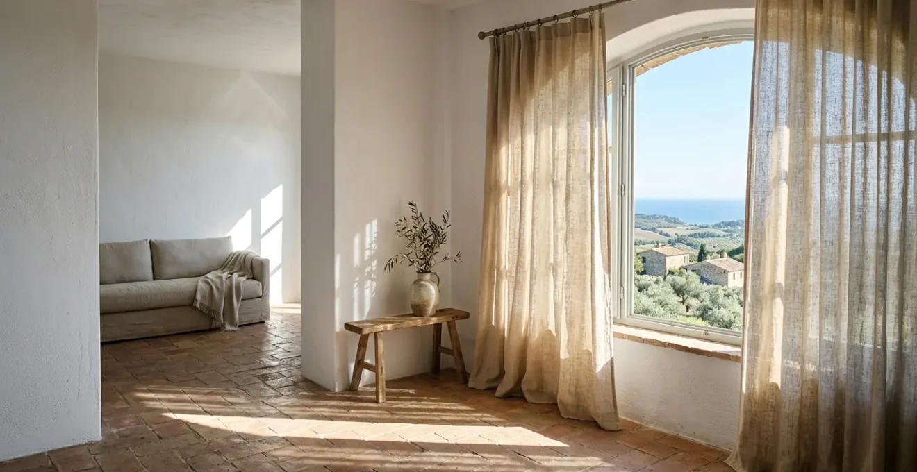 Tenda elegante esposta al sole diretto attraverso una finestra con vista mediterranea