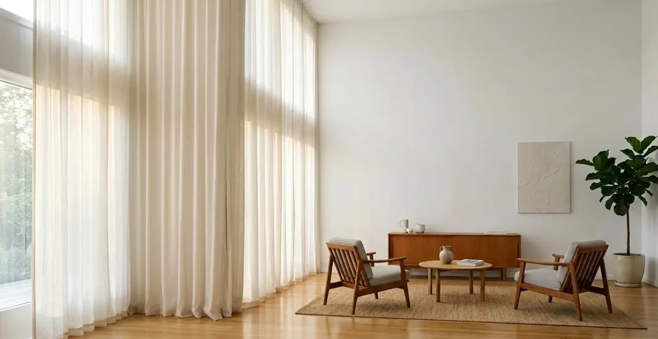 Vista di un soggiorno moderno con tende dal soffitto al pavimento che creano l'illusione di maggiore altezza