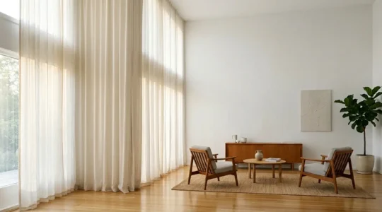 Vista di un soggiorno moderno con tende dal soffitto al pavimento che creano l'illusione di maggiore altezza