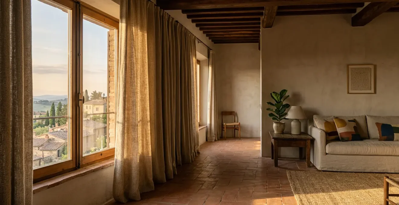 Vista di una finestra italiana con tenda termica che filtra la luce naturale in un ambiente domestico accogliente