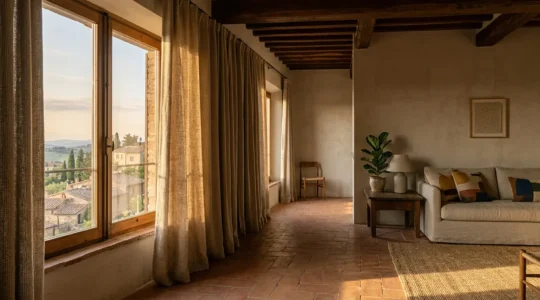 Vista di una finestra italiana con tenda termica che filtra la luce naturale in un ambiente domestico accogliente