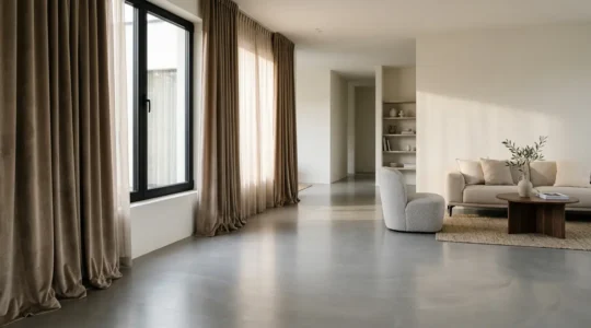 Interno elegante con tende in velluto e pavimento in resina grigia che creano un'atmosfera calda e accogliente