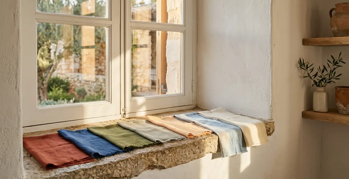 Vista ravvicinata di tessuti per tende disposti su una finestra esposta al sole del sud