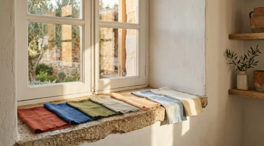 Vista ravvicinata di tessuti per tende disposti su una finestra esposta al sole del sud