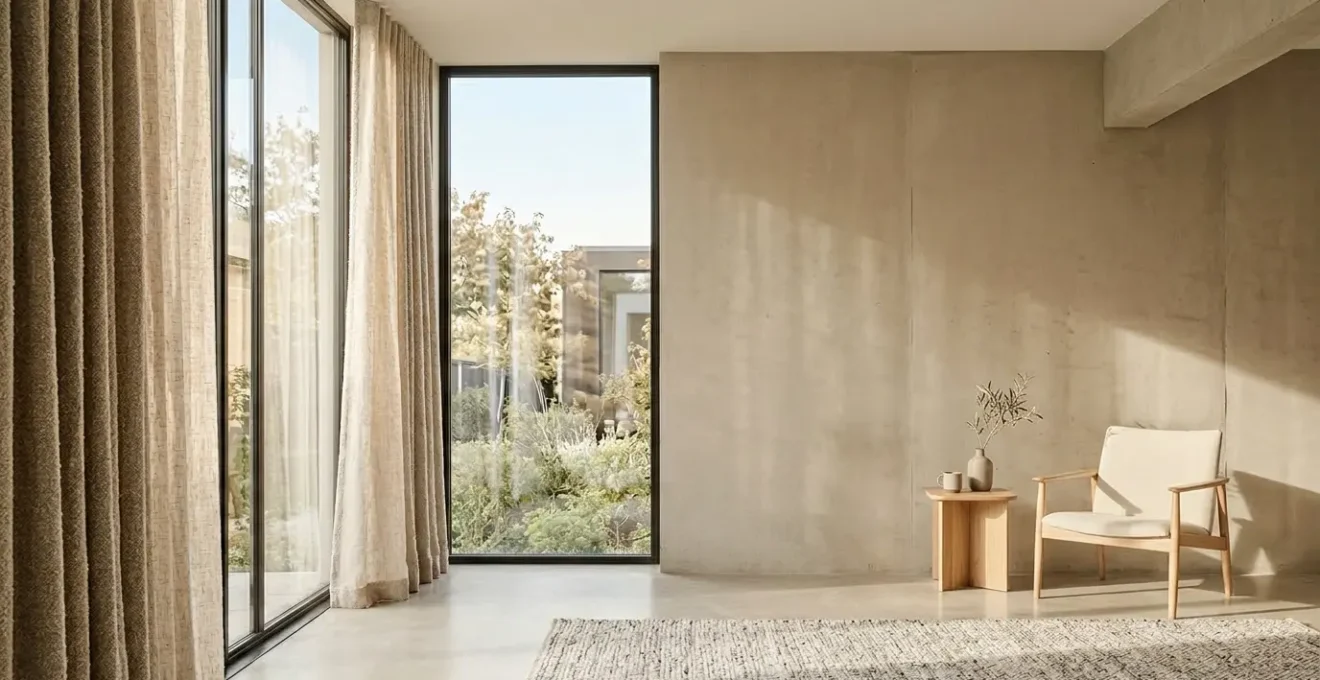 Ambiente minimalista con tende in tessuto bouclé naturale che filtrano delicatamente la luce