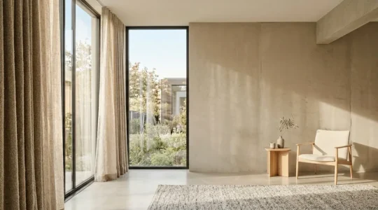Ambiente minimalista con tende in tessuto bouclé naturale che filtrano delicatamente la luce