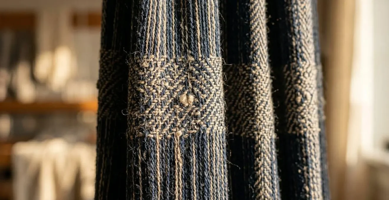 Dettaglio macro di tessuto pregiato illuminato da luce radente che evidenzia trama e caduta naturale