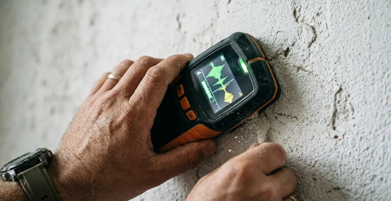 Professionista che utilizza scanner digitale per rilevare montanti nel muro