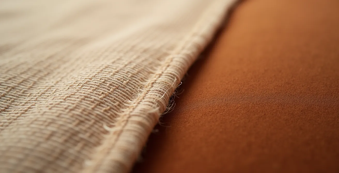 Dettaglio macro delle texture di lino grezzo e velluto liscio, mostrando le differenti proprietà tattili
