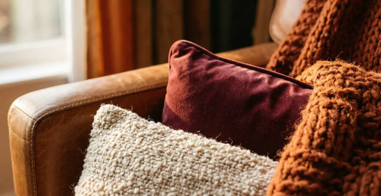Living trasformato per l'autunno con tessuti in velluto, lana bouclé e plaid in tonalità calde