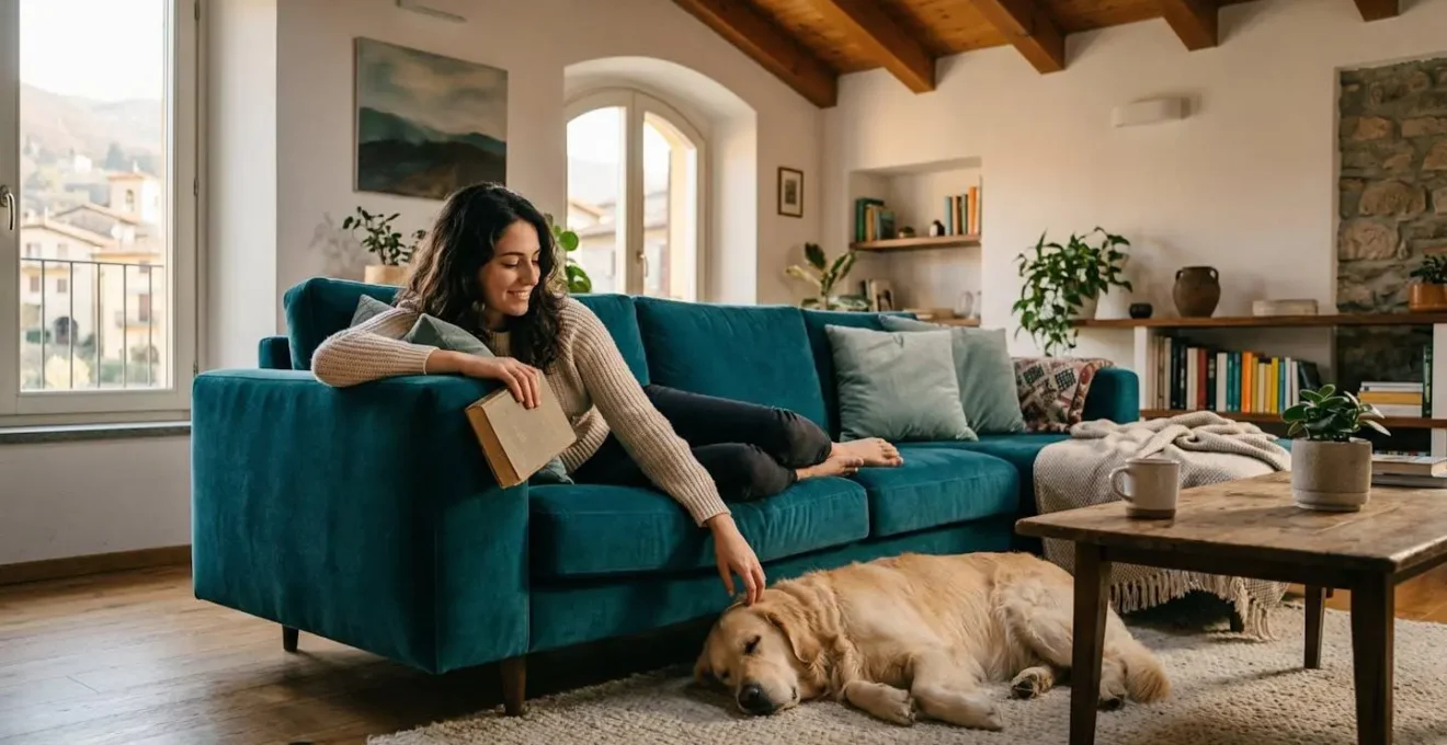 Salotto moderno italiano con divano in velluto tecnico antimacchia in un ambiente con animali domestici