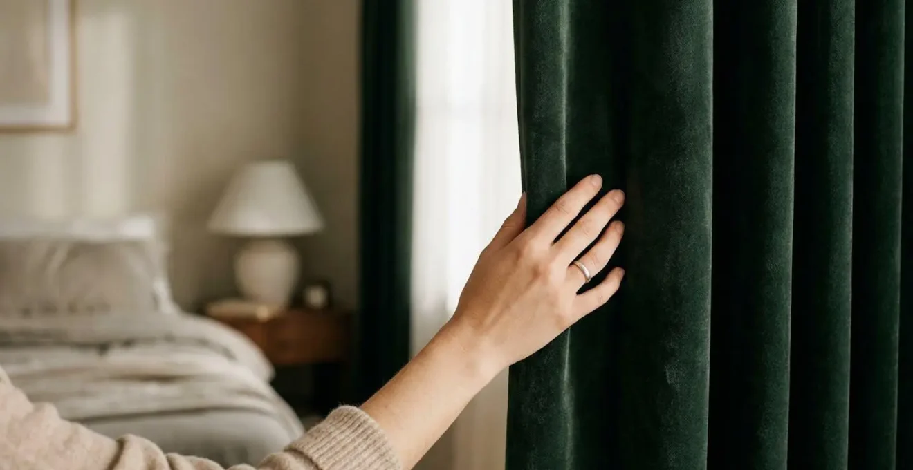 Dettaglio di tenda in velluto pesante fonoassorbente con texture profonda