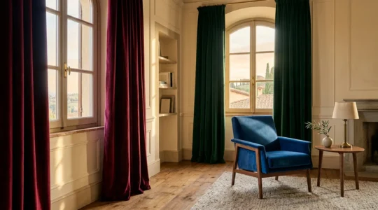Elegante salotto italiano trasformato con ricchi tessuti di velluto dalle tonalità calde e avvolgenti