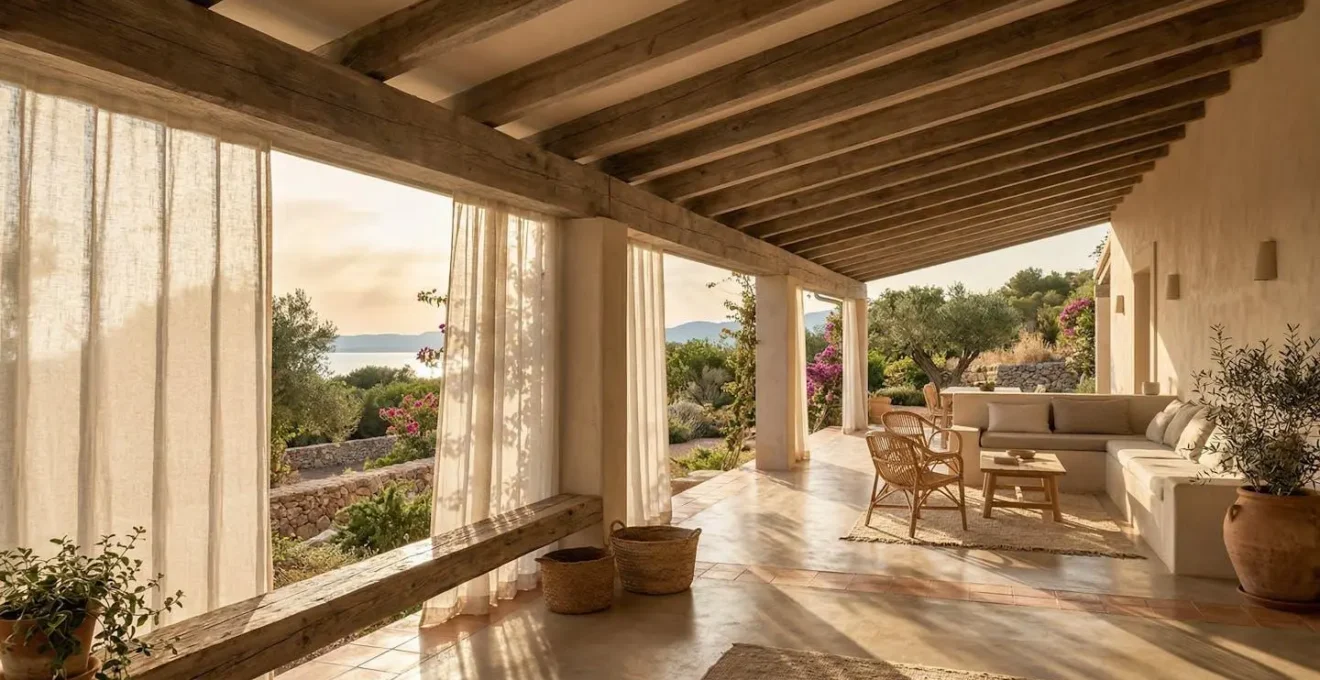 Veranda coperta con tende tecniche che filtrano la luce naturale