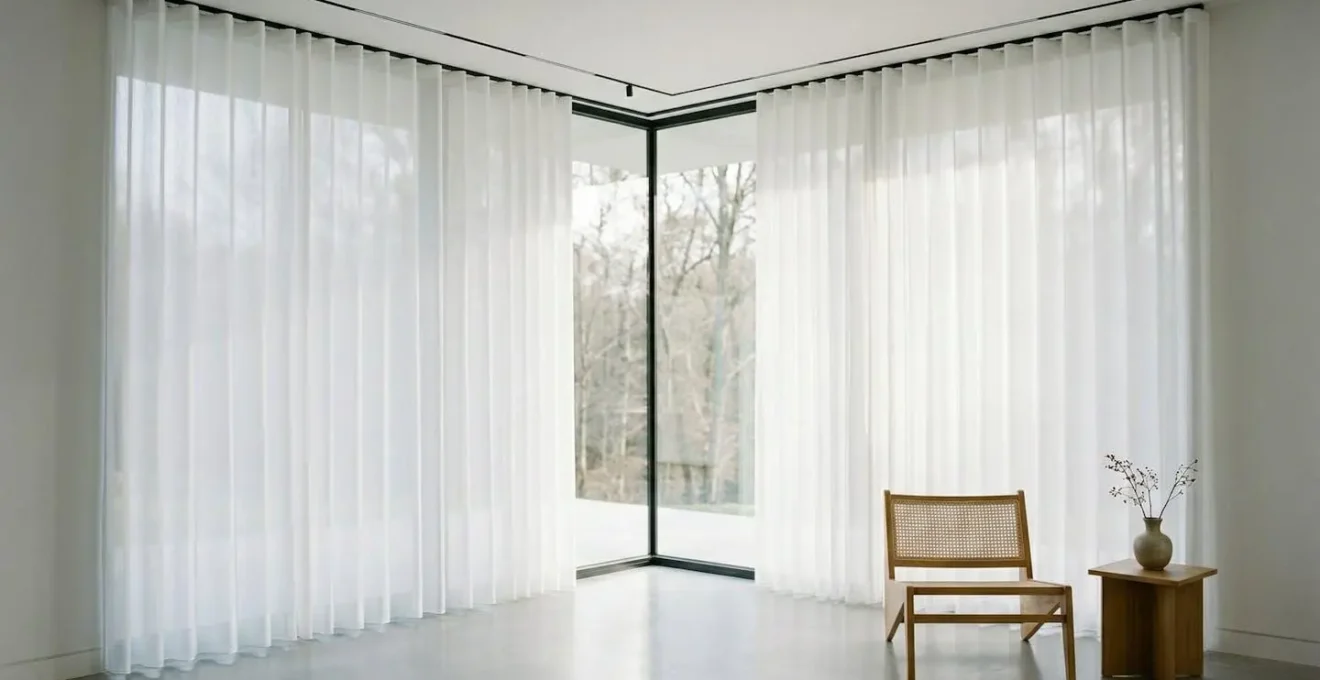 Ampia vetrata angolare con pannelli giapponesi dal soffitto al pavimento in ambiente minimalista