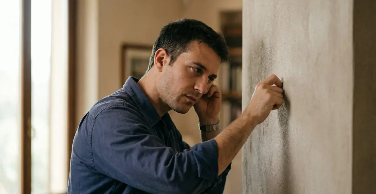 Tecnico che esegue test acustico battendo sul muro per identificare la struttura