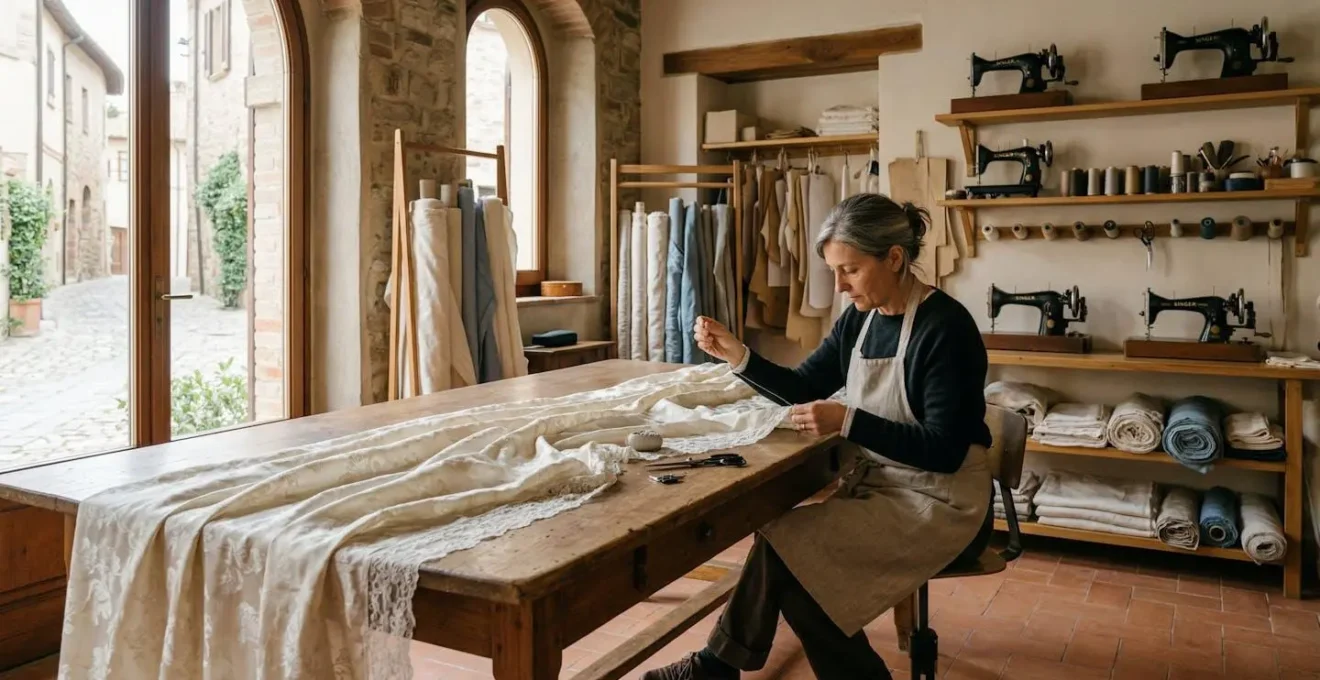 Sarta esperta che ripara una tenda di lusso nel suo atelier con attrezzi tradizionali