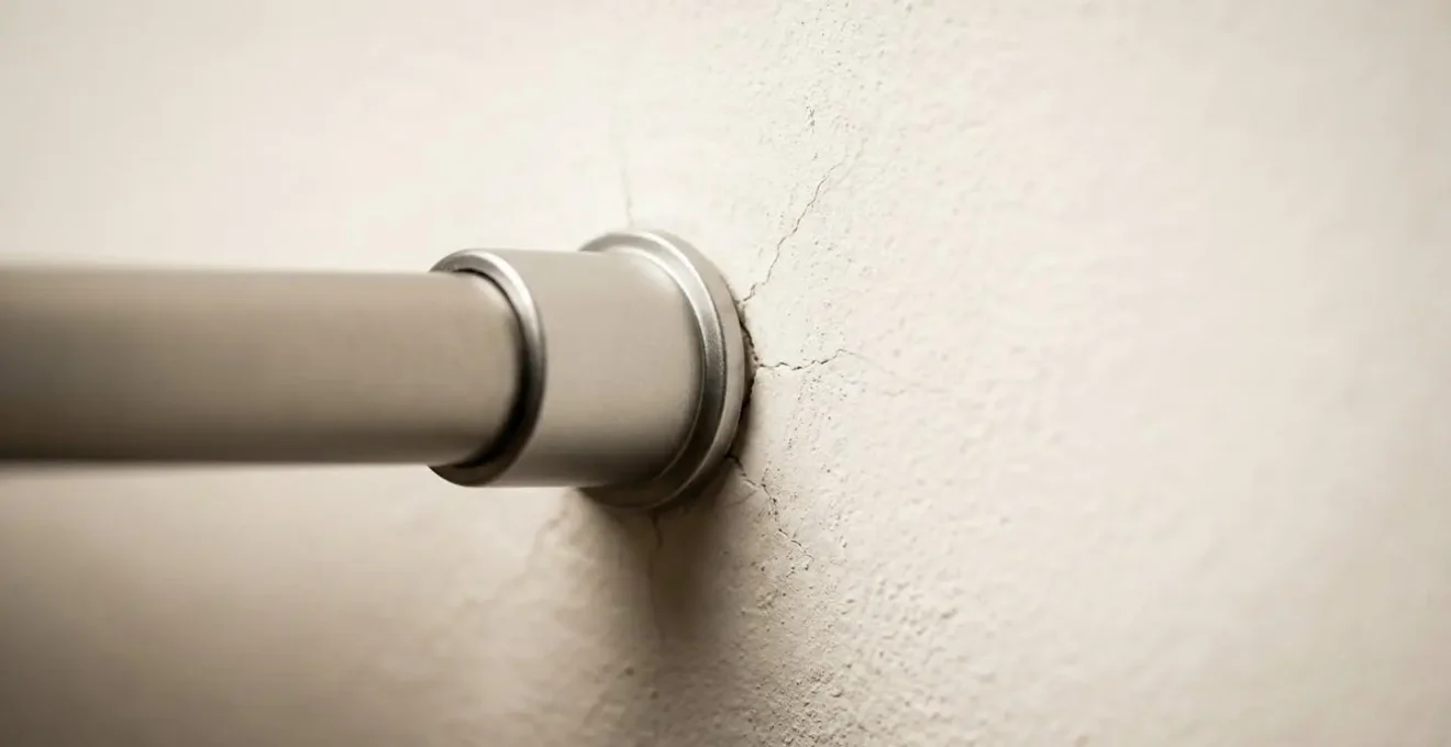 Dettaglio ravvicinato del punto di contatto tra bastone a pressione e parete con micro-fratture