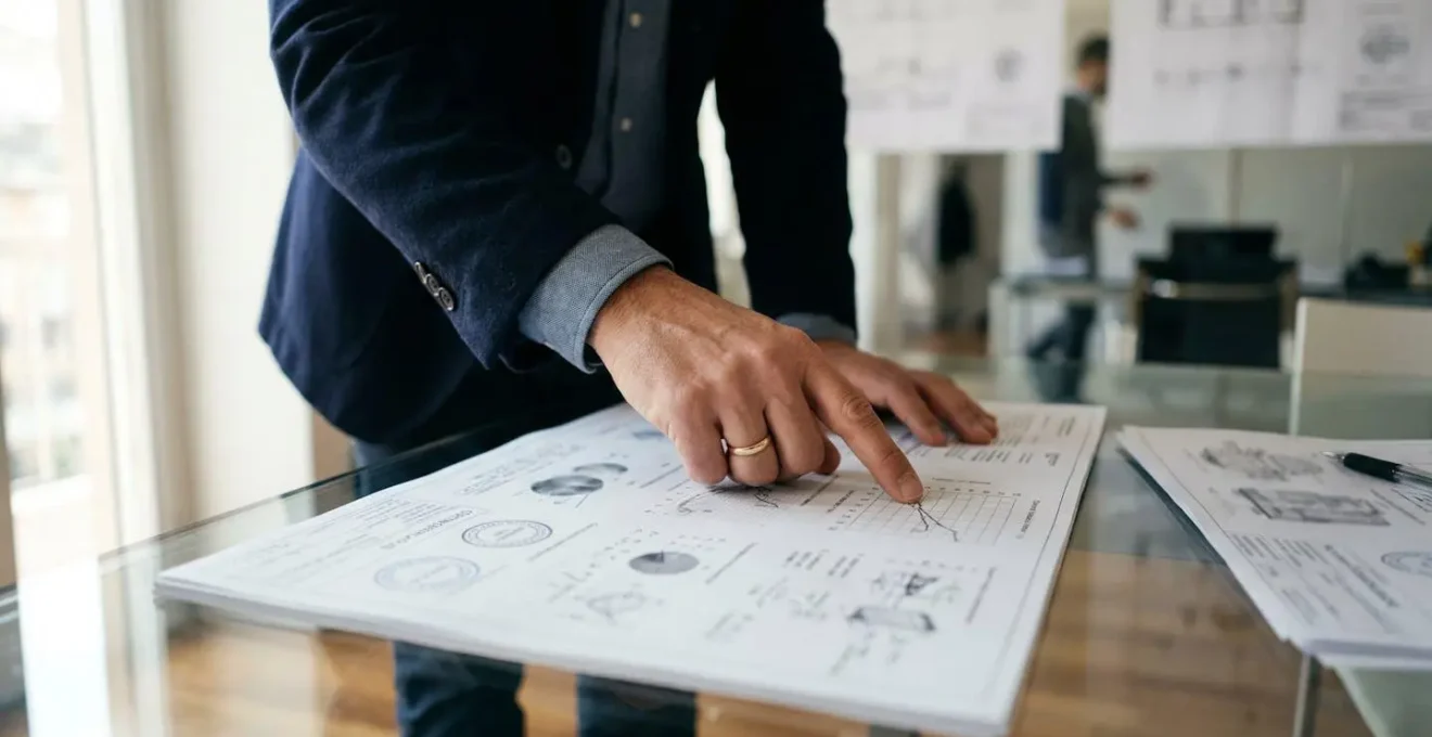 Mano che indica un documento tecnico con grafici e certificazioni per schermature solari