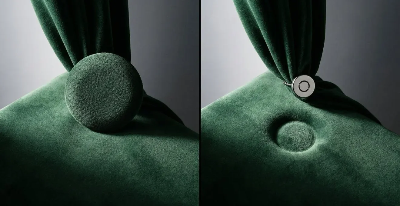 Confronto visivo tra embrasse magnetico con ampia superficie e magnete piccolo su tessuto velluto