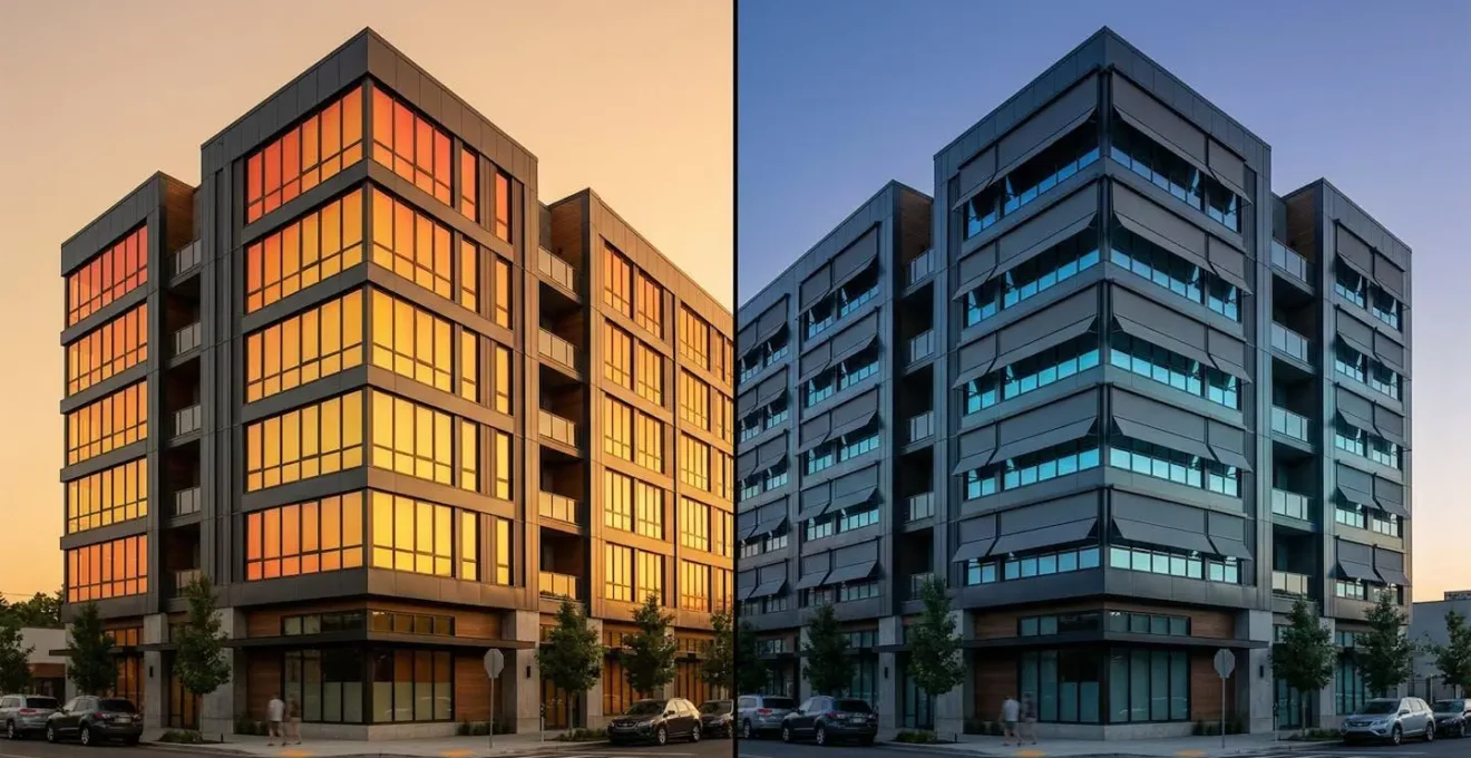Immagine termica comparativa di facciata edificio che mostra differenza temperatura con e senza schermature solari